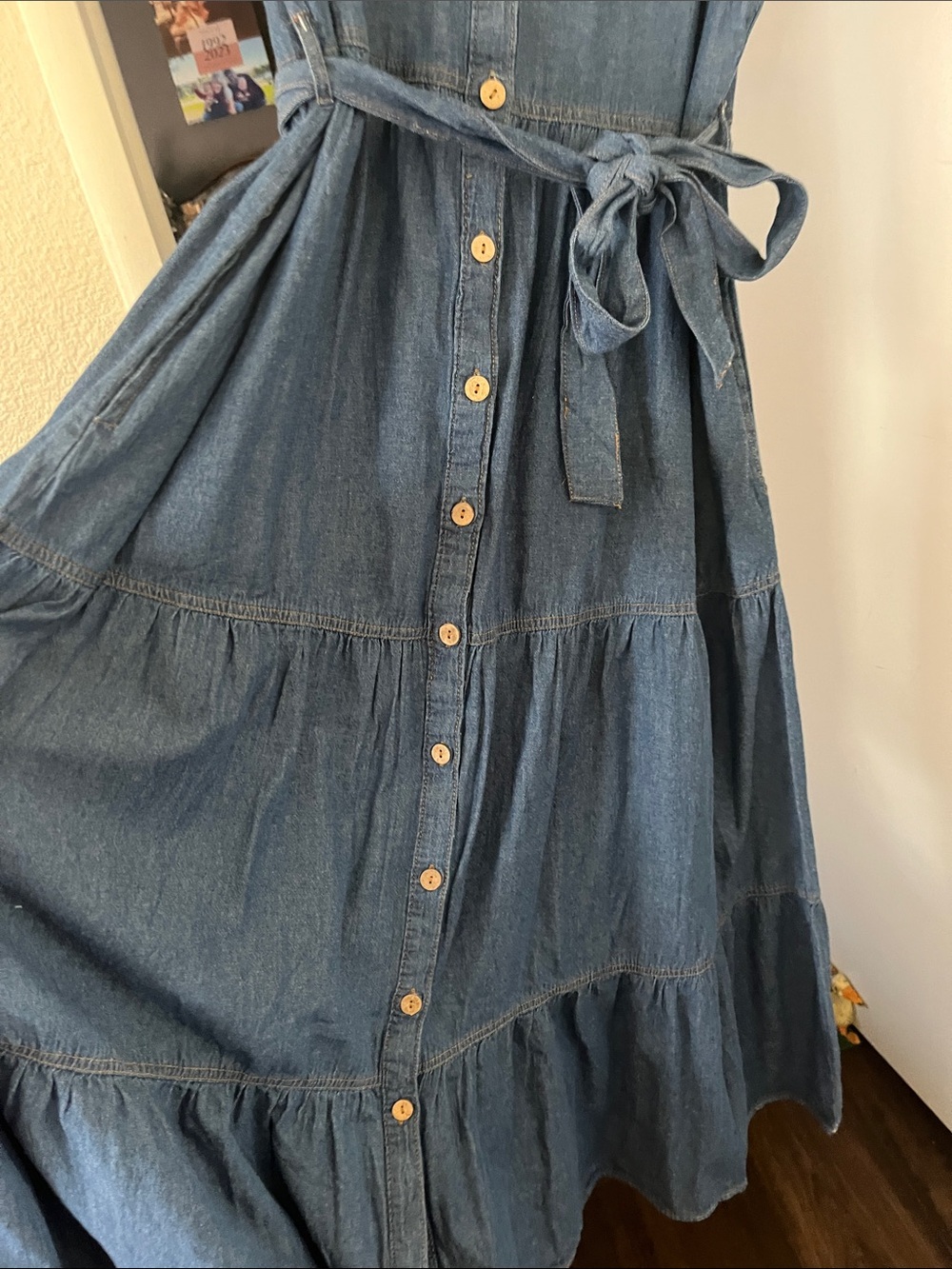 Denim Button-Front Maxi Dress with Tie Waist - Picture 4 of 7